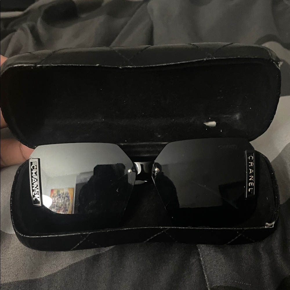 CHANEL Black Rectangular Sunglasses